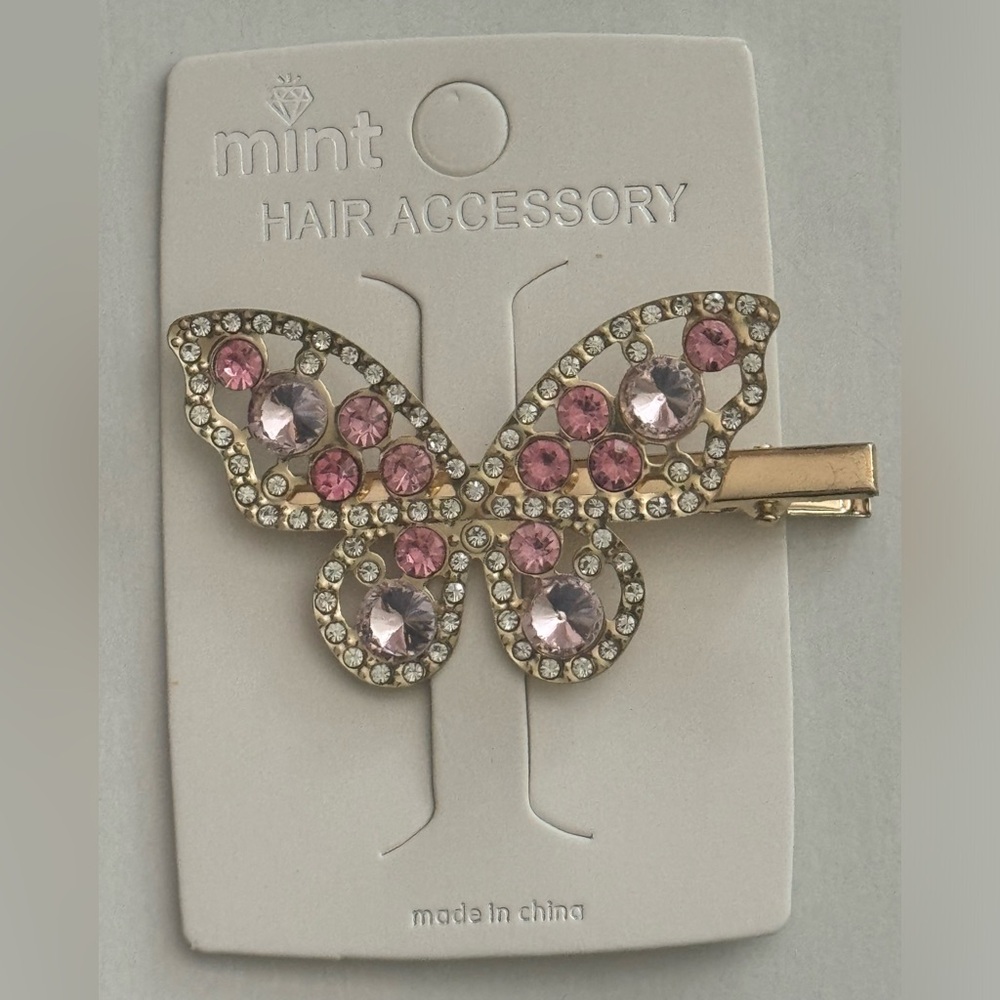 Gold Tone Pink Crystal Butterfly Hair Clip